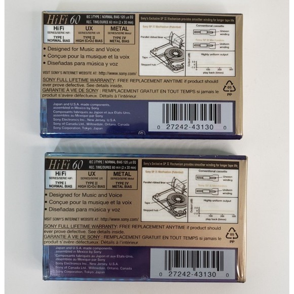 2 New Sealed Sony Hi Fi Blank Audio Cassette Tapes 60 Min Normal Bias - Picture 2 of 6